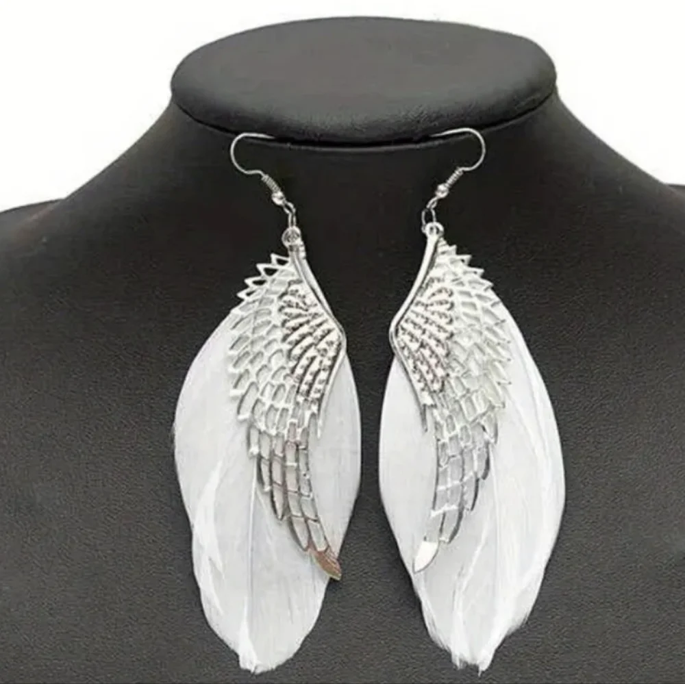 Hollow Angel's Wing Design With White Feather Dangle‎ Earrings 2/$15 3/$20